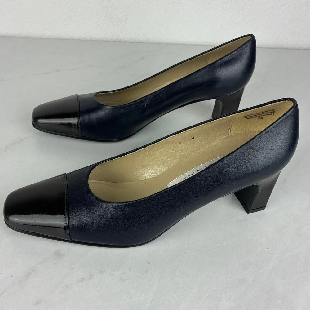 Etienne Aigner Navy Pumps - 8N- Leather Cap Toe Block Heel Strada Classic Office